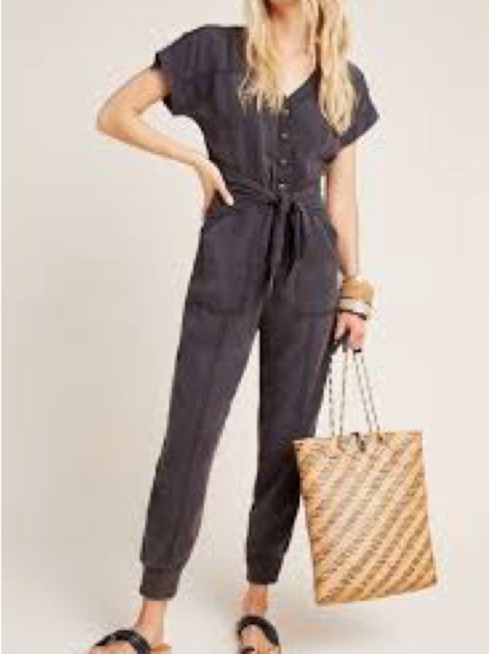 Anthropologie Huxley Charcoal Button-Front Jumpsuit Tie Waist 4